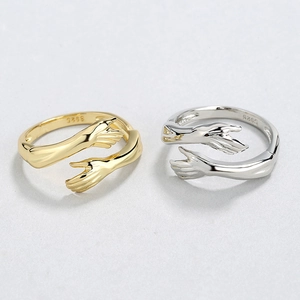 Unique hands hug open rings in gold and silver S925 sterling silver with engraved hallmark