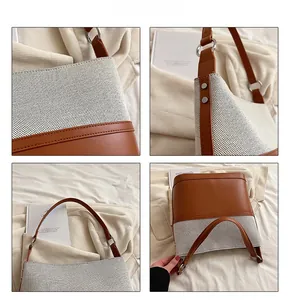 Detailed views of canvas and leather tote showing fine stitching and metal hardware