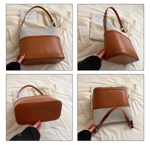 Multi-angle views of a stylish brown leather and grey knit patchwork bucket shoulder bag