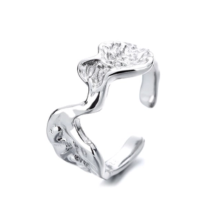 Minimalist S925 silver open ring with irregular liquid metal texture for men and women