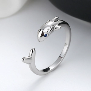 Shark Opening Ring Copper Silver Plated Adjustable Animal Jewelry For Women Men With Blue Cubic Zirconia Eyes