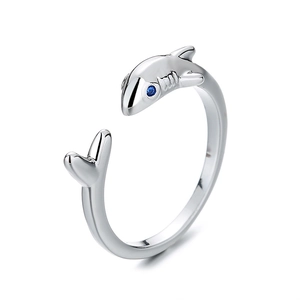 Minimalist shark open ring in silver finish with blue zircon eyes and polished surface