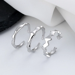 Minimalist S925 sterling silver adjustable rings with geometric wave designs