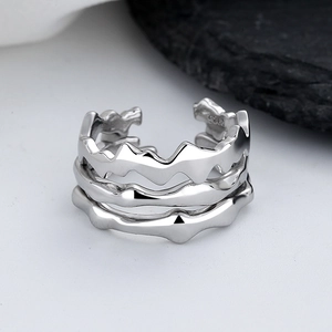 Minimalist S925 sterling silver triple layer mountain wave ring with adjustable open design