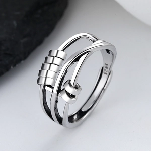 Three-layer vintage S925 sterling silver spinning beads open ring for women
