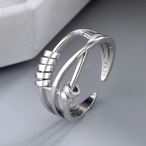 Minimalist S925 sterling silver open ring with multi-layer bands and sliding beads