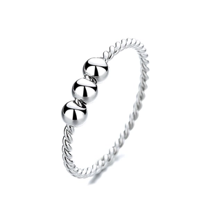 Sleek silver rope twisted ring featuring three polished metallic beads in a minimalist style