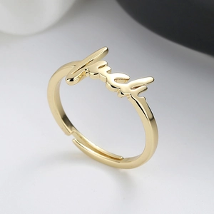 Minimalist 18K gold plated adjustable open ring featuring a handwritten Luck letter design
