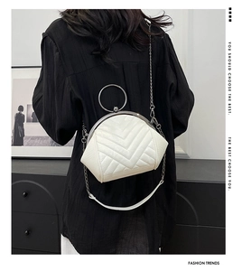 Detailed back view of white V-quilted shell bag with gold chain and ring handle