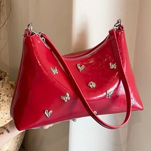 Sac À Épaule En Cuir PU Brillant Sac Sous L'Aisselle Avec Rivets Papillon Coeur Sac Cabas Commute Tendance Y2K Pour Femmes