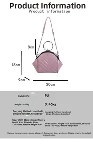 Pink shell handbag with V-quilted texture and dimensions shown in technical drawing