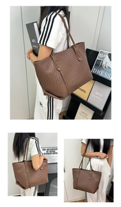 Brown woven leather tote bag shown from various angles on a model for daily commute