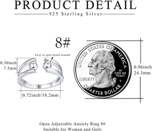 Detail view of 925 sterling silver anti-anxiety ring with size measurements and coin comparison
