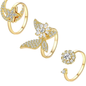 Luxury gold butterfly and star zircon rotating ring set with adjustable bands