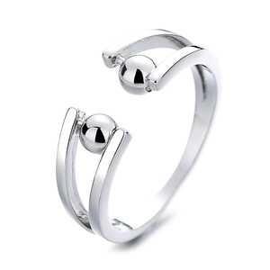 Polished silver adjustable open ring featuring minimalist dual-wire design and metal beads