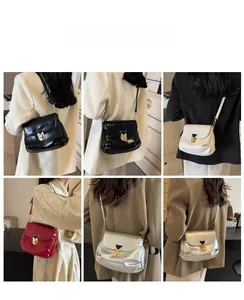 Multiple views of stylish pleated shoulder bags in black, white, red, and silver finishes