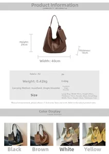 Tableau des tailles et vue multicolore du grand sac cabas en cuir PU avec petite pochette
