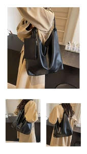 Détail du sac cabas noir en cuir grainé avec une petite pochette assortie amovible