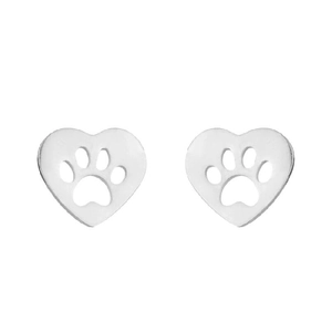 Close-up of hollow heart-shaped stud earrings with cute animal paw print cutout details
