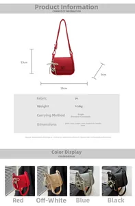 Detailed view of lychee pattern leather saddle bag with size chart and heart charm