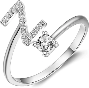 Anello regolabile in argento con lettera N e zircone rotondo brillante a griffe