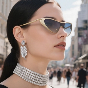 Detailed view of cat-eye gradient sunglasses with feather earrings and tennis choker necklace