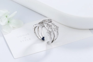 Macro view of multilayer silver ring featuring five cubic zirconia star accents