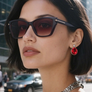 Detail of dark purple gradient polarized sunglasses featuring a gold T-shaped hinge logo