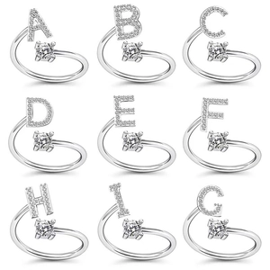 Anello Regolabile Aperto Lettera Alfabeto Argentato Con Zircone Bianco Tondo E Strass Gioielli Di Moda Per Donne