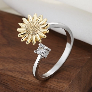 Sunflower Rotating Ring Copper Cubic Zirconia Rotatable Stress Relief Adjustable Open Finger Band Fashion Jewelry Women
