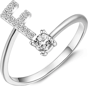 Anello regolabile argento lettera F con zirconi brillanti e incastonatura a quattro griffe