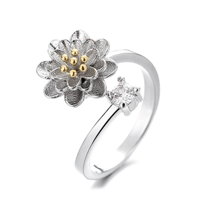 Rotating sunflower open ring in S925 sterling silver with sparkling round cubic zirconia