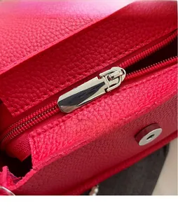 Detail of silver polished metal zipper and red lychee grain leather on saddle bag