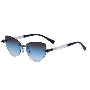 Detail of rimless irregular sunglasses with gradient lenses and metal spring hinges
