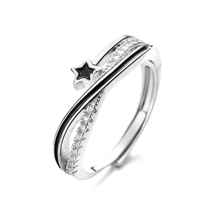 Minimalist silver open star ring with black enamel and white zircon stone accents