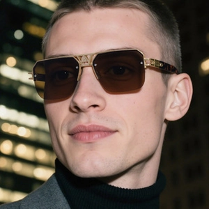 Detail of luxury gold frame sunglasses with intricate bridge engraving and tortoise temples