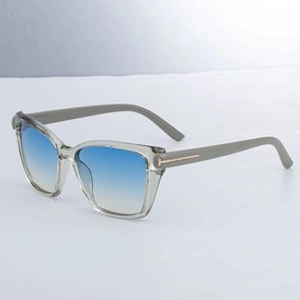 Detailed close-up of grey transparent frame with gold T-shaped hinges and gradient blue lenses
