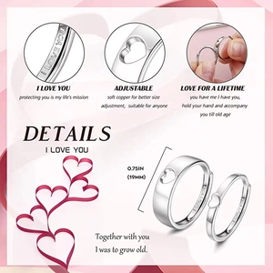 Detailed view of adjustable silver couple rings with I Love You engraving and heart design
