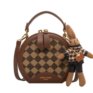 French style vintage round crossbody bag with plaid pattern and cute bunny pendant