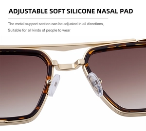 Detail of adjustable soft silicone nose pads and golden metal frame for sunglasses