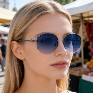 Side view of rimless gradient blue sunglasses with sleek metal temples on model