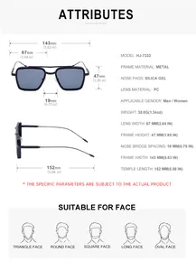 Detailed size specifications for square frame aviator sunglasses with metal frame and PC lens