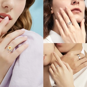 Rotating sunflower and moon star adjustable ring set with hug gesture silver metal finish