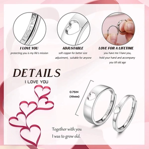 Adjustable couple ring set with heart cut-outs and I LOVE YOU engraving in silver