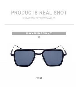 Front view of square black frame sunglasses with double bridge and dark gray lenses