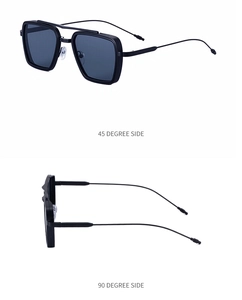Square frame sunglasses featuring 45 and 90-degree side views of the sleek temple design