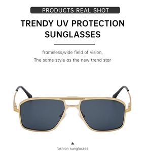 Close-up of square metal frame sunglasses with UV protection and textured top bridge details