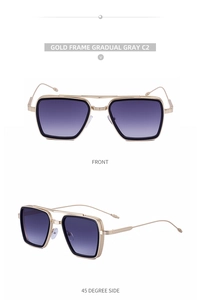 Detailed views of gold square double-bridge sunglasses with gradient grey lenses