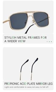 Detail of square gold metal frame sunglasses with propionic acid plate temple arms