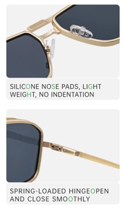 Macro view of adjustable silicone nose pads and durable metal spring-loaded hinges on sunglasses
